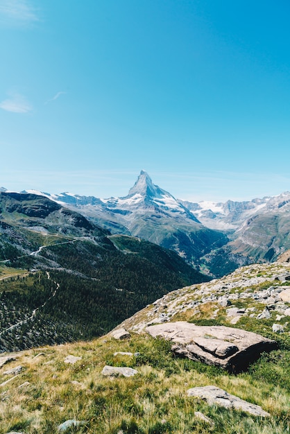 Photo views of the matterhorn peak in zermatt, switzerland.