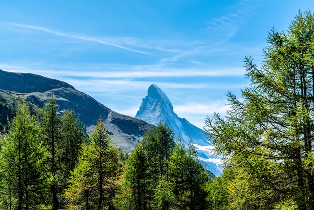 views of the Matterhorn peak in Zermatt, Switzerland.