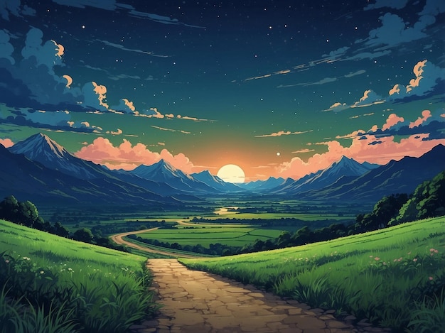 Photo views of mountains and roads with wide grasslands on the sides at night the full moon in anime style