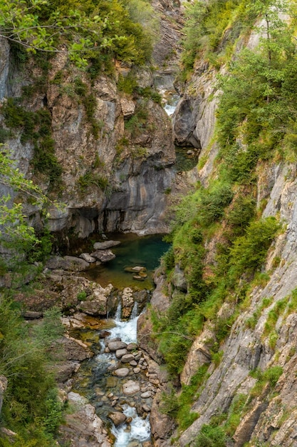 Views of the river from the metal walkway on the mountain in the town of Panticosa in the Pyrenees