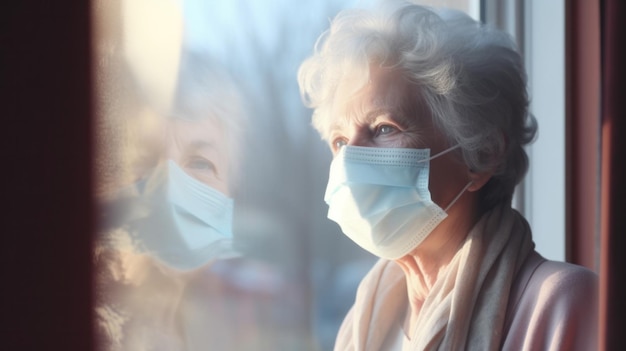 Vigilant Gaze Elderly Woman Peering Out While Clad in a Protective Face MaskxA