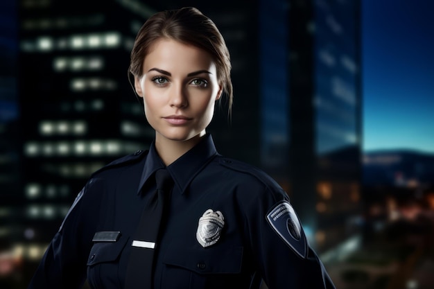 Photo the vigilant watch a portrait of a female security guard standing resolute against a cityscape