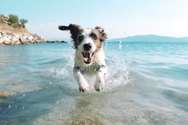 Vigorous dog runs along the beach splashing Ai generated