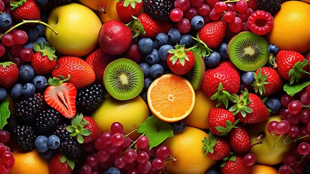 Vigorous Mixed berries flat lay with peaches and kiwis food photography