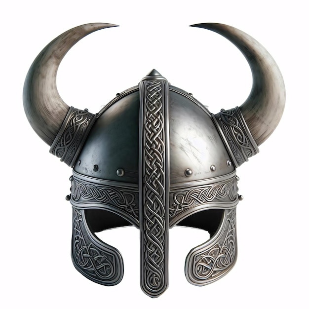 A Viking helmet with two horns made of metal with a Celtic knot design around the bottom