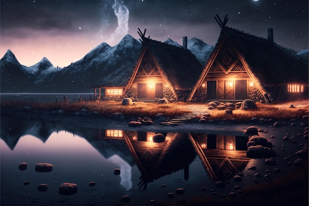 viking houses in a viking landscape by water with northern lights in the dark