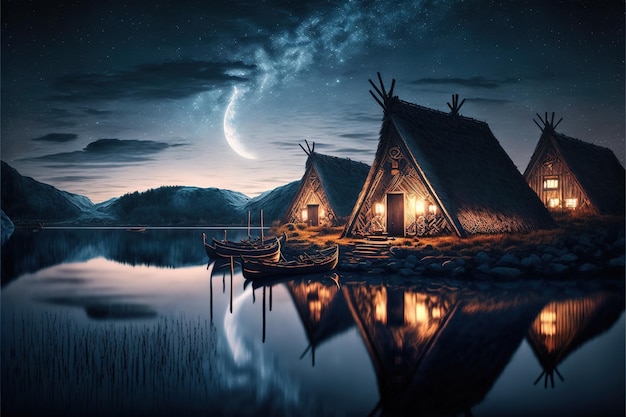 viking houses in a viking landscape by water with northern lights in the dark