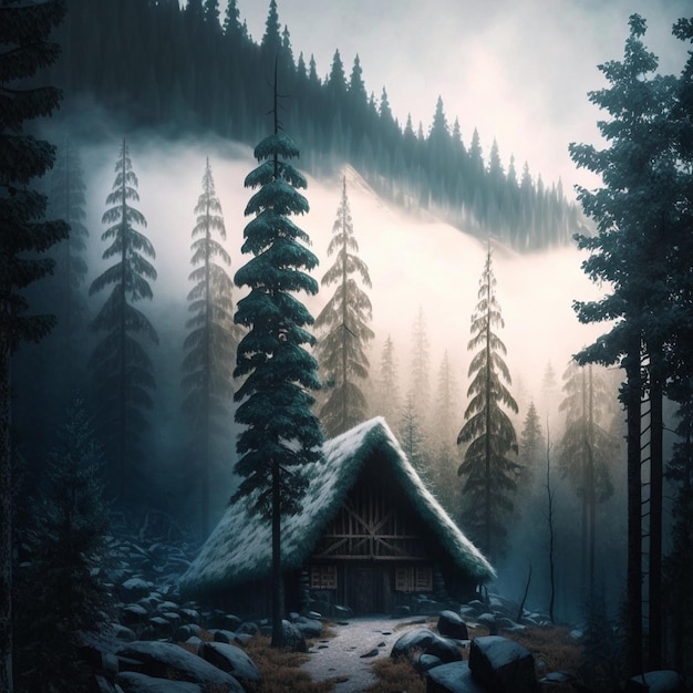 Viking hut in the snowy forest