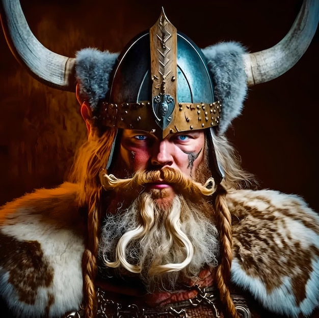 A viking man with horns and a beard stands in front of a red background