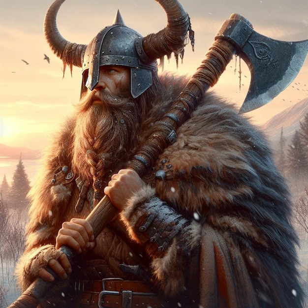 a viking man with a sword and shield in the snow