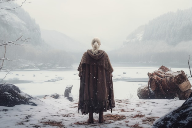 Viking old strong woman snow settlement Generate Ai