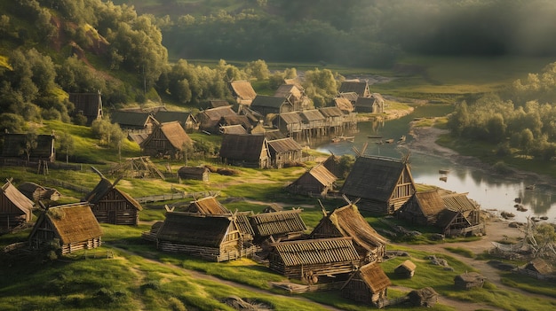 Viking settlement with traditional longhouses and community activities