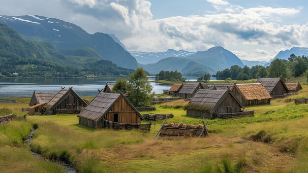 Viking settlement with traditional longhouses and community activities