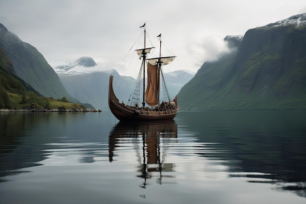 Viking ship gliding across a calm lake with mountains in the background