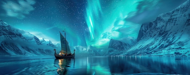 Viking ship sailing aurora lit fjords warriors ready spirits of old guiding them through the mystic north