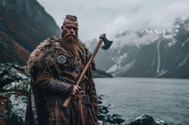 Photo a viking warrior axe gleaming stands proud in the nordic fjord symbolizing the unyielding spirit of the north