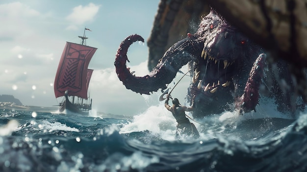 A Viking Warrior Battles a Sea Monster