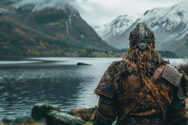 Photo a viking warrior seen from behind dons a helmet against a backdrop of mountains and a tranquil lak