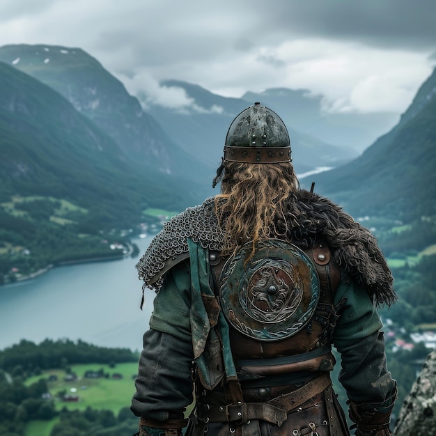 Photo a viking warrior seen from behind dons a helmet against a backdrop of mountains and a tranquil lak