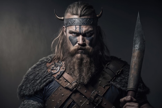 Viking warrior with black war paint holding his axe AI generation