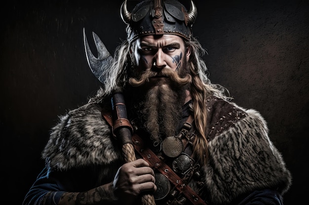 Viking warrior with black war paint holding his axe AI generation