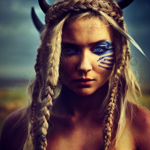 Viking warrior woman looking at camera 3d rendering