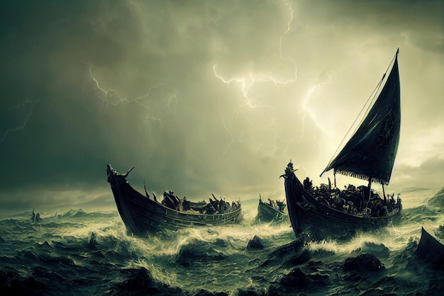 Vikings battle ship in the middle of stormy sea