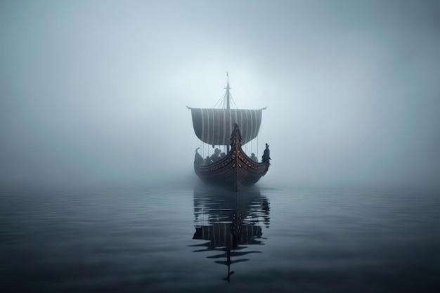 Vikings boat in a fog AI generation