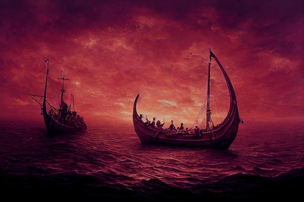 Vikings ships on horizon of ocean Mysterious atmosphere under sunset sky 3D illustration