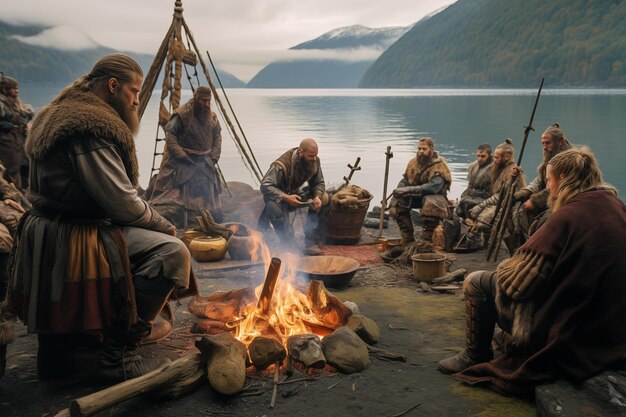 Vikings sitting together nearly bonfire Generative AI