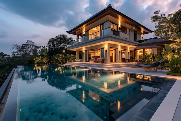 Villa with Swimming Pool at Dusk