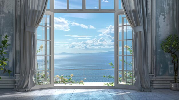 The villa39s windows were open with the curtains tied revealing a beautiful sea view generative AI