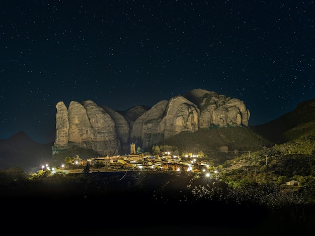 Village of Agero in the province of Huesca under its mallos at night