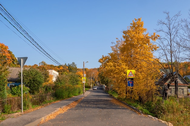 Village in autumn. Russian village road. Paved road through the dacha village in the fall.