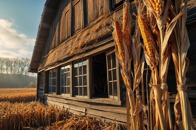 Photo a village barn with dried corn stalks in autumn