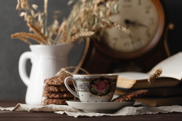 Village breakfast with book on table