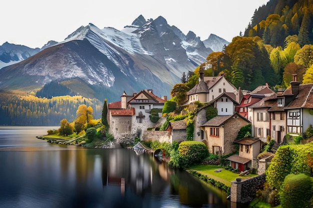 A village by the lake with mountains in the background european city or countryside