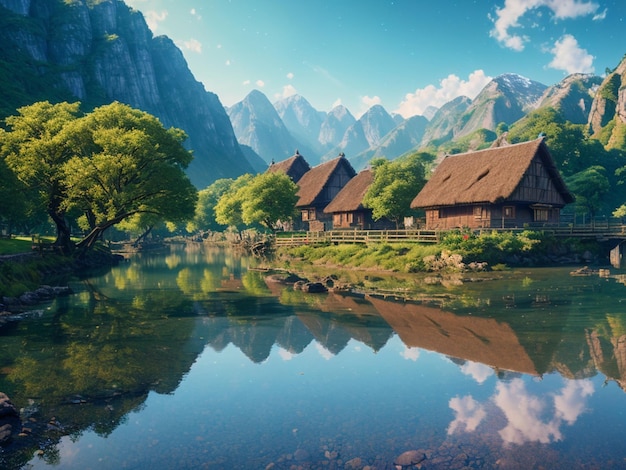 A village by the lake with mountains in the background