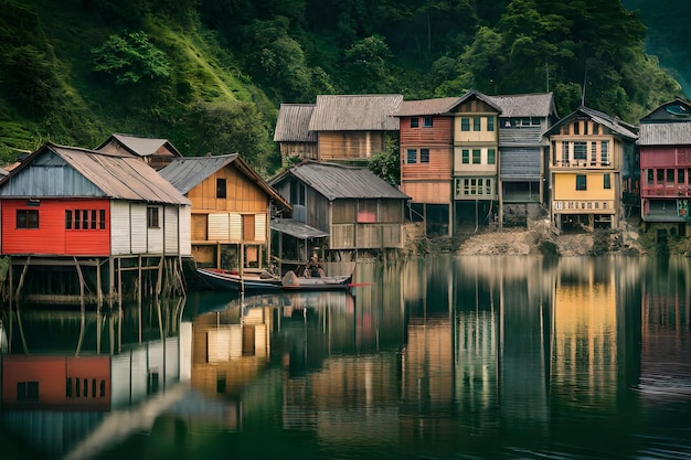 A village by the river with a boat in the water