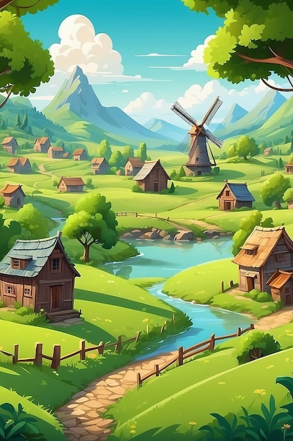 Photo village cartoon background illustration of green meadows and surrounded by trees windmill fans and mountains