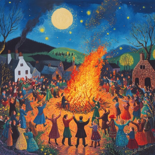 A village celebrates around a bonfire under a full moon and a starry night