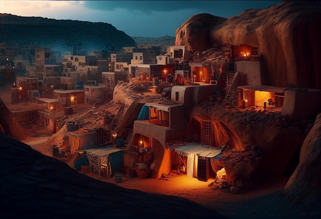 A village in the desert with a moon behind it