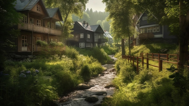 A village in the forest with a river flowing through it