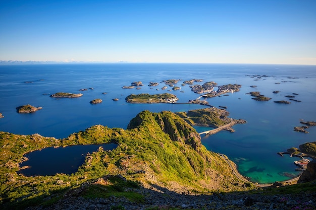 Village of Henningsvaer seen from mount Festvagtinden on Lofoten islands Norway