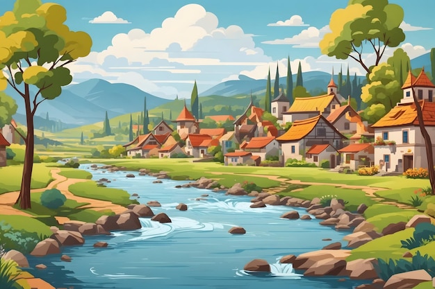 Photo village landscape vector illustration village wallpaper village landscape village scenery illustration nature background village and river illustration ai generative