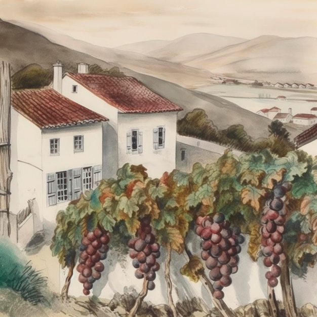 Village landscape with houses on the hills against the backdrop of a vine in the foreground