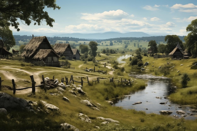 Village landscape with wooden houses in a mountain valley with a river