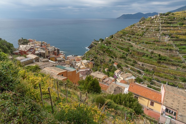 The village of Manarola the town of manarola from the top of the mountain Cinque Terre