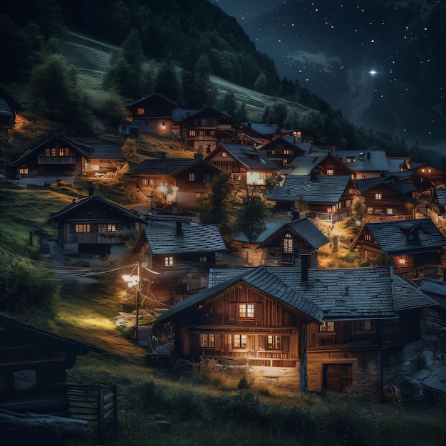 Village in the mountains at night with full moon and stars