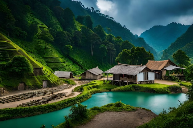 A village in the mountains with a green mountain in the background